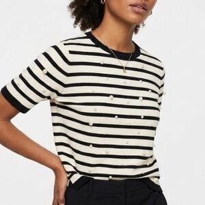 Zara Black and White Striped Top with Pearl Details